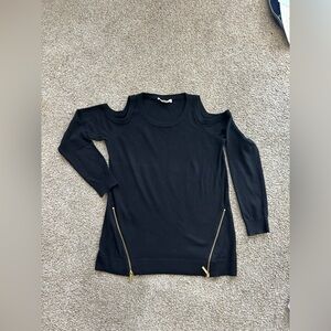 MICHAEL Michael Kors Black Cold Shoulder Cotton Sweater with Zipper Accents (L)